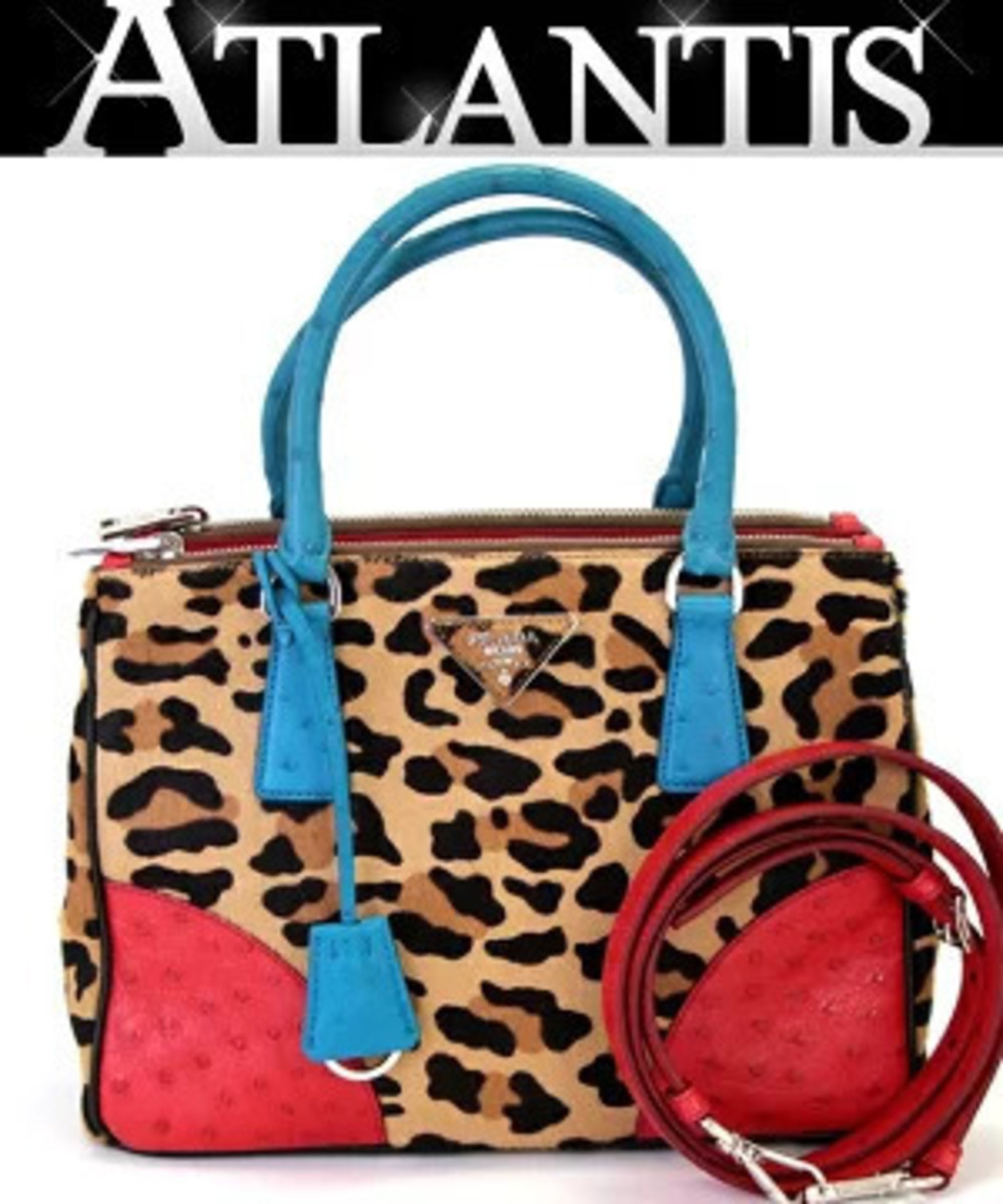 Prada Triangle Handbag Red Blue Brown Calf Hair Ostrich Leather